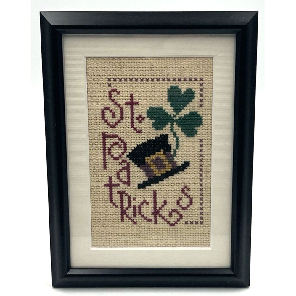 Framed Finished Cross Stitch St Patrick's Day Leprechaun Hat Shamrock Wall Art